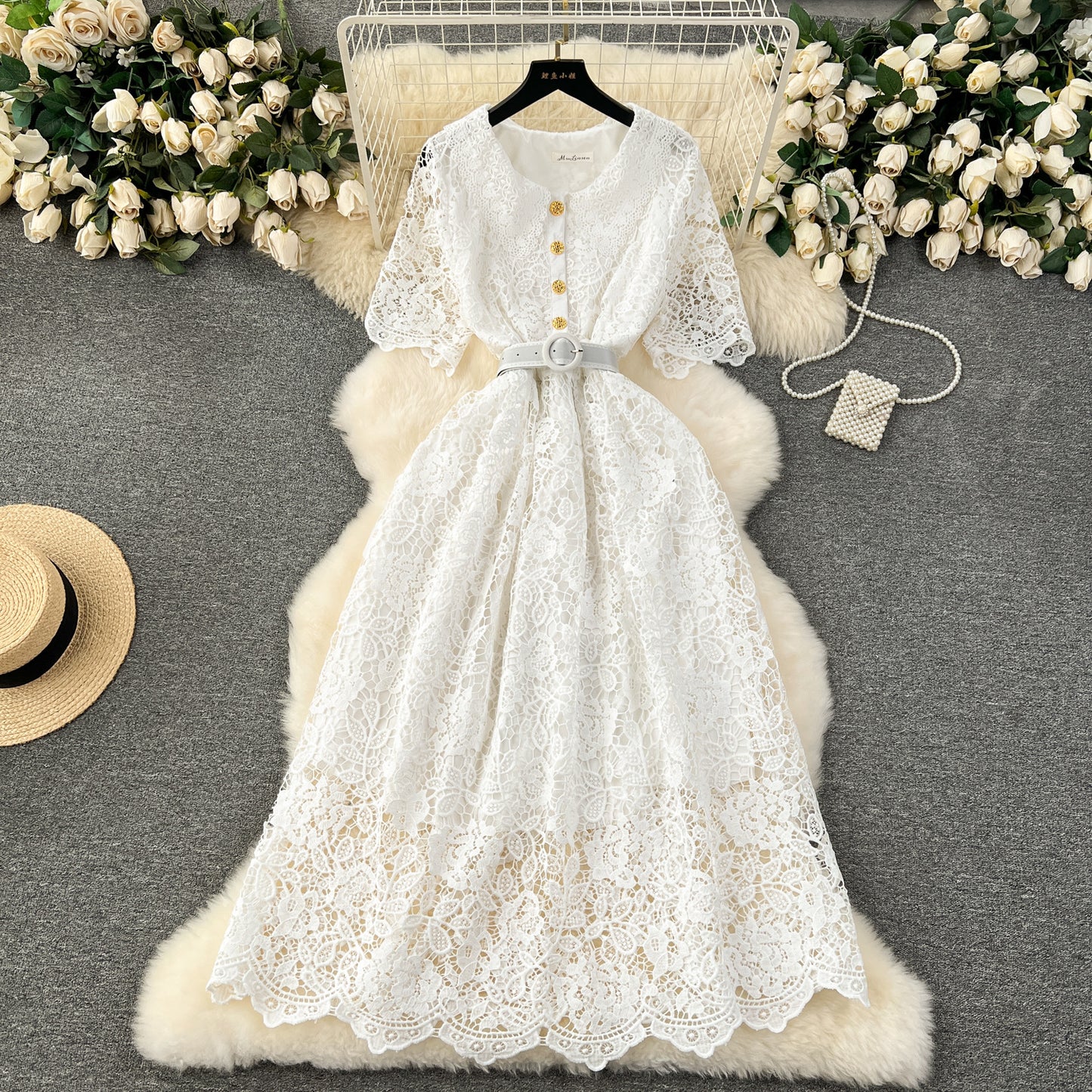 Sweet Contrast Color Doll Collar Breasted Slim-fit Mid-length Lace Dress