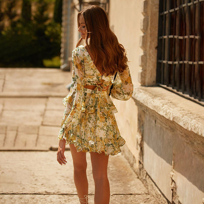 Vestido estampado de gasa con cuello en V de Joker francés adelgazante ajustado a la moda para mujer