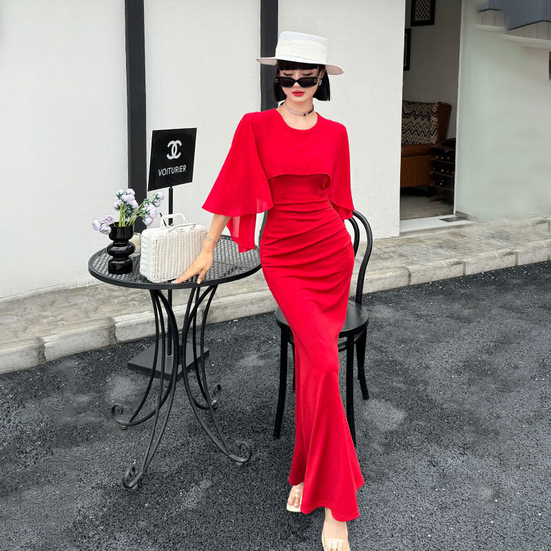 Vestido de cola de pez de manga corta con mariposa elegante hecho en casa