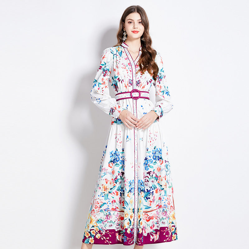 Retro Printed Breasted Slim-fit Long Dress