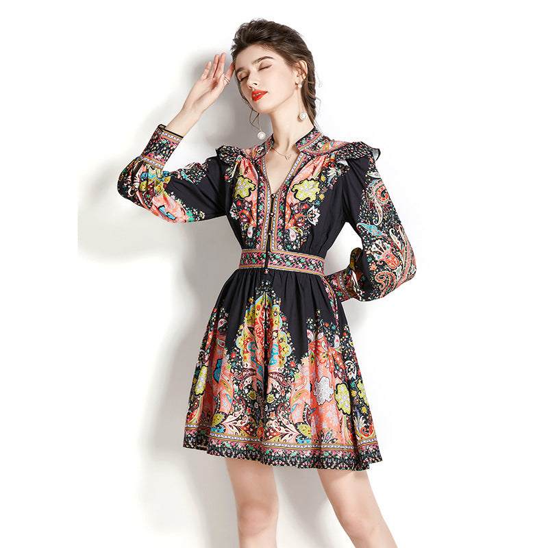 Lantern Sleeve Printed Short Dress