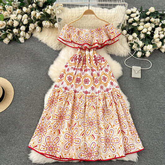 Bohemian Retro Machine Embroidery Ruffled Dress