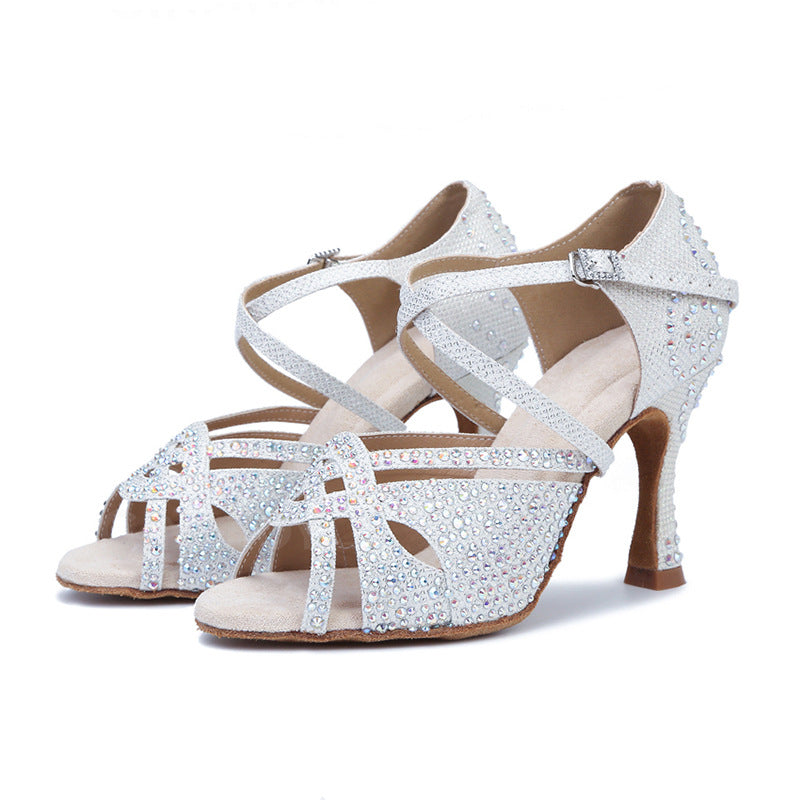 Sandalias elegantes de suela blanda con tacón alto y diamantes para mujer