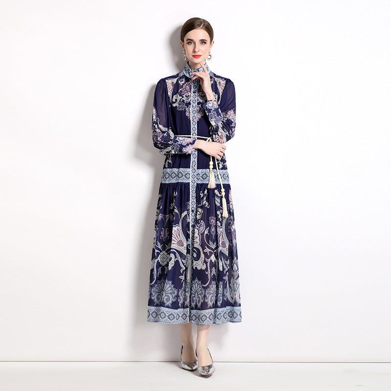 Printed Stand Collar Temperament Dress