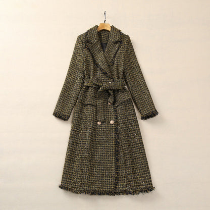 Tassel Suit Collar Long Sleeve Tiger Head Buckle Tweed Coat