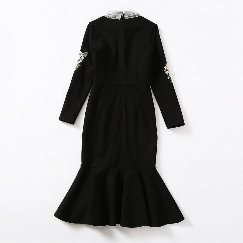 Pearl Diamond Lapel Knitted Embroidered Long Sleeve Dress