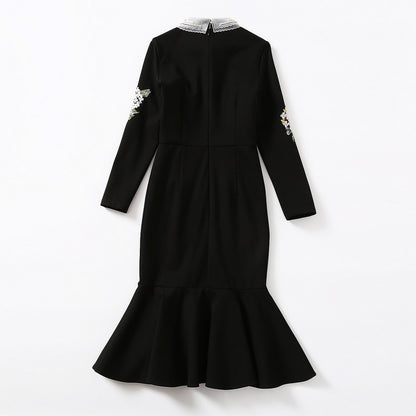 Pearl Diamond Lapel Knitted Embroidered Long Sleeve Dress