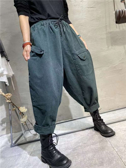 Korean Style Elastic Waistband Patch Pocket Overalls For Women