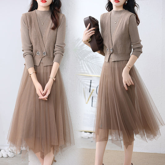 Women's Long Sleeve Knitted Cinched Patchwork Mesh Skirt