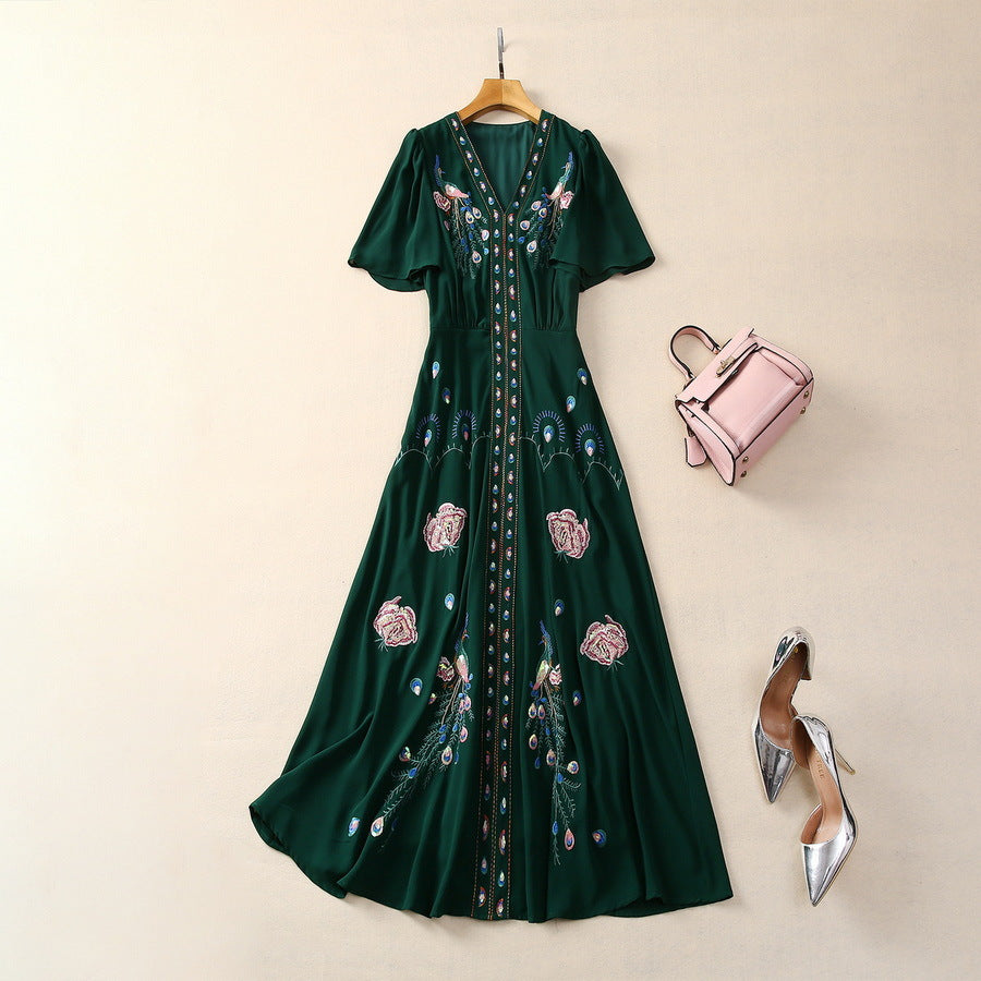 Embroidered Flower Sequined Bell Sleeve V-neck Dress