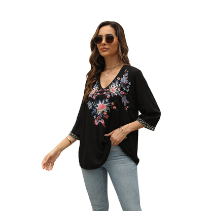 Women's V-neck Embroidered Top