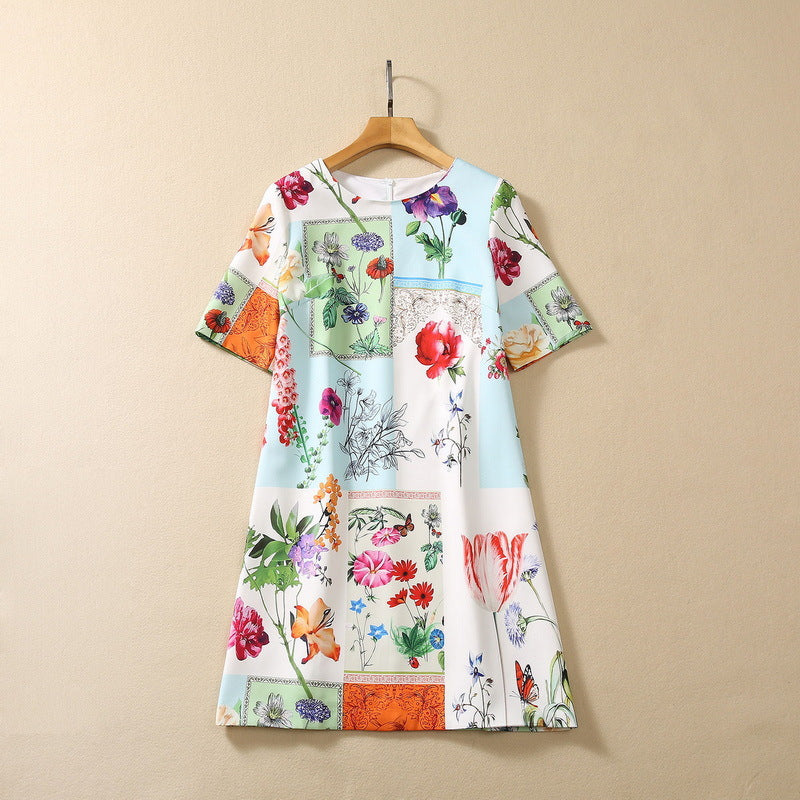 Round Neck Short Sleeve Floral Multicolor Printing Dress