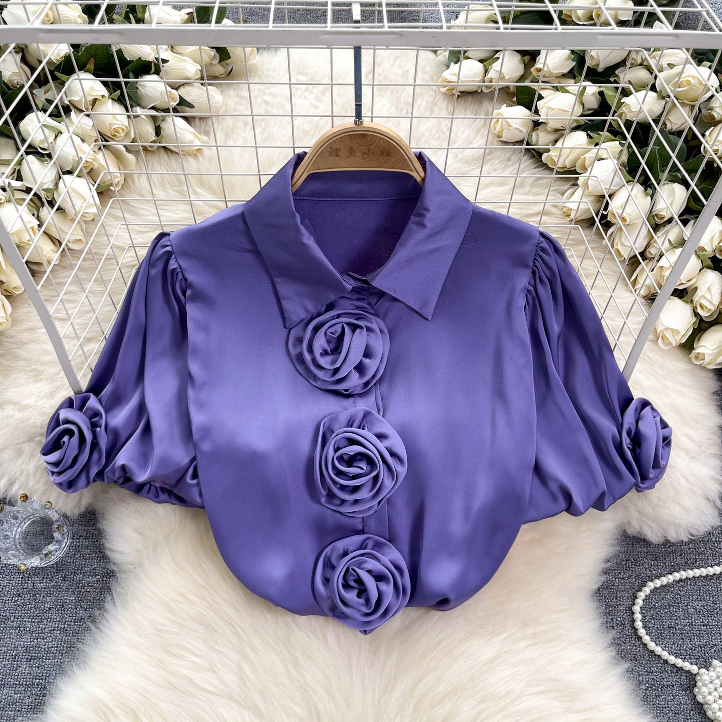 Three-dimensional Flower Puff Sleeve 1 French Satin Top