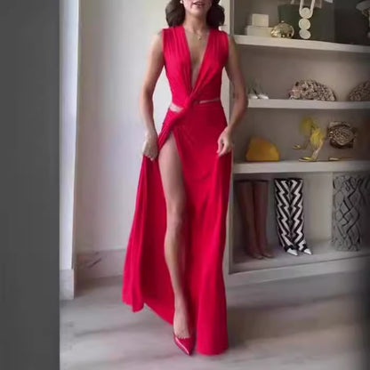 Vestido de chica caliente con escote en V y abertura alta para mujer