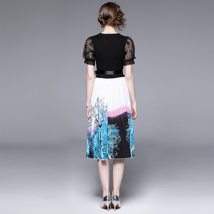 Knitted Stitching Printing Fake Two-piece Waist Slimming Dress