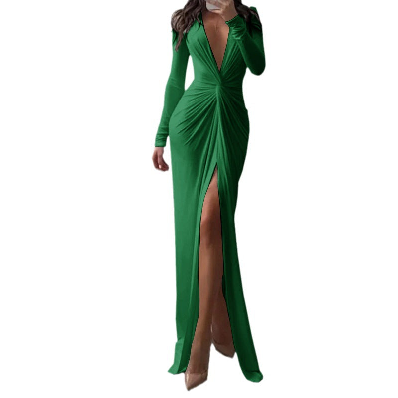 Fashion Sexy Slit V-neck Long Sleeve Solid Slim Pleated Skirt Gown