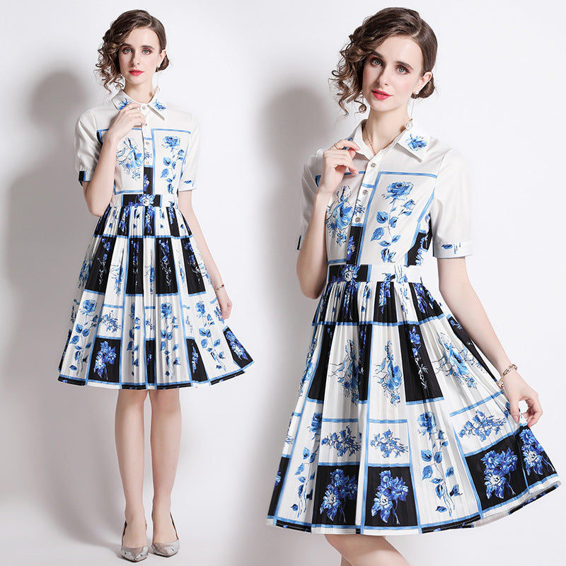 French Retro Printed Shirt Dress