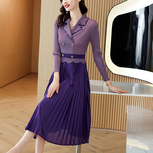 Suit Collar Double Breasted Waist Slimming Plus Size Stitching Fashion Dress