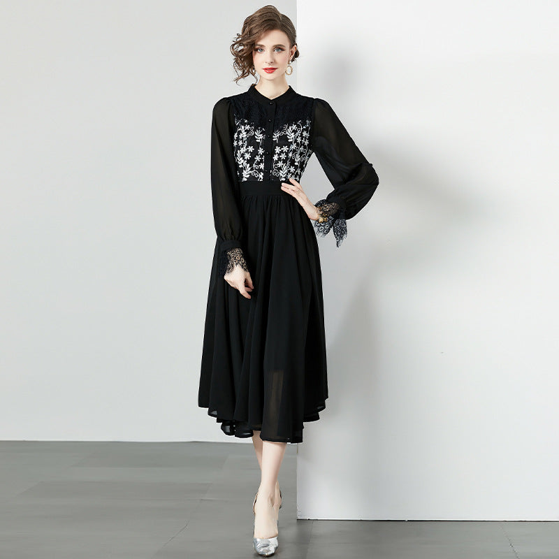 Autumn And Winter French Black Lace Dress