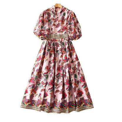 Pleated Swing Stand-up Collar Puff Sleeve Printed Dress