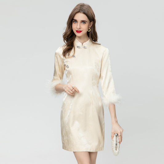 Feather Three-quarter Sleeve Stand Collar Rhinestone Frog Button Dress