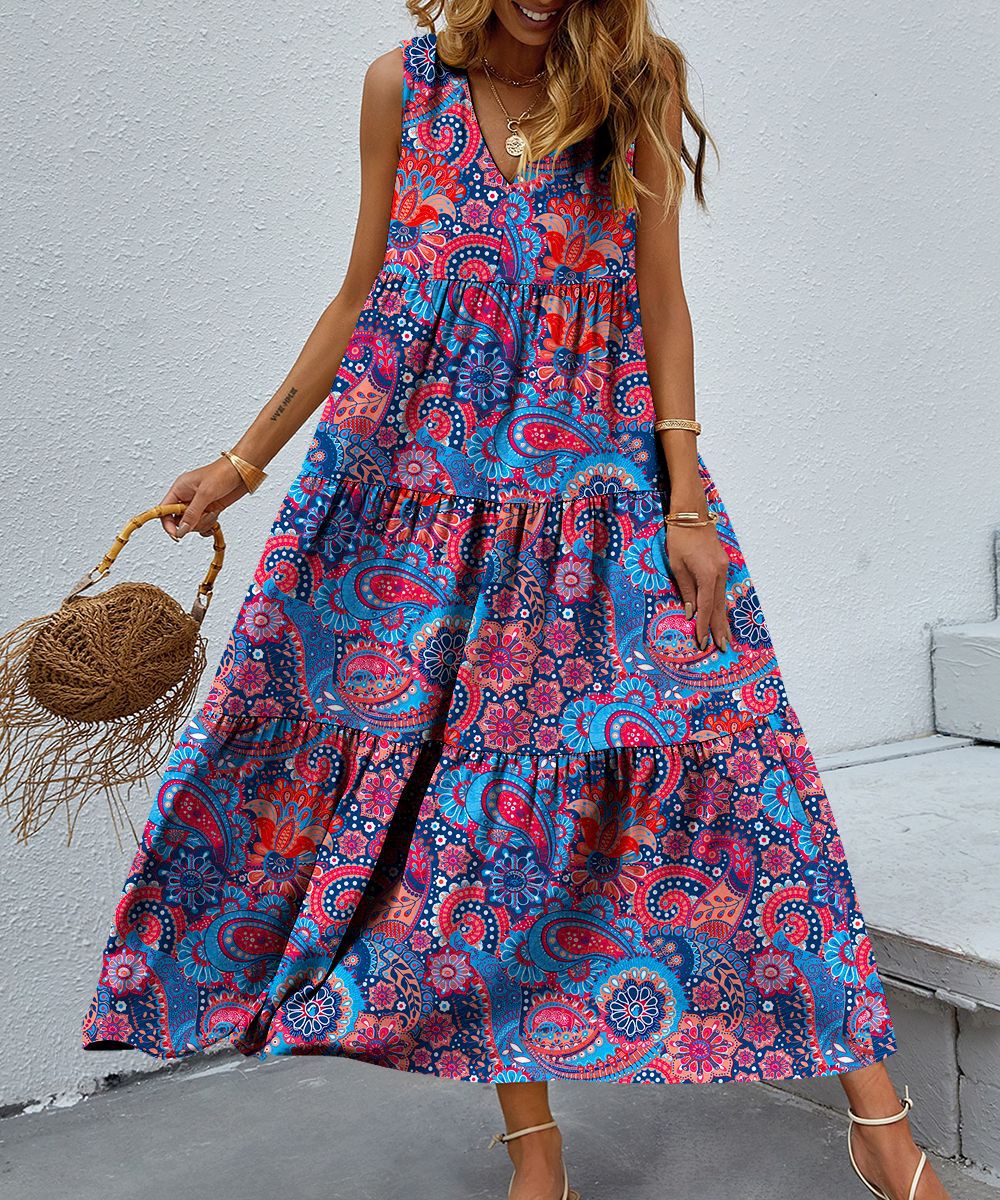 Printed V-neck Patchwork Large Swing Dress