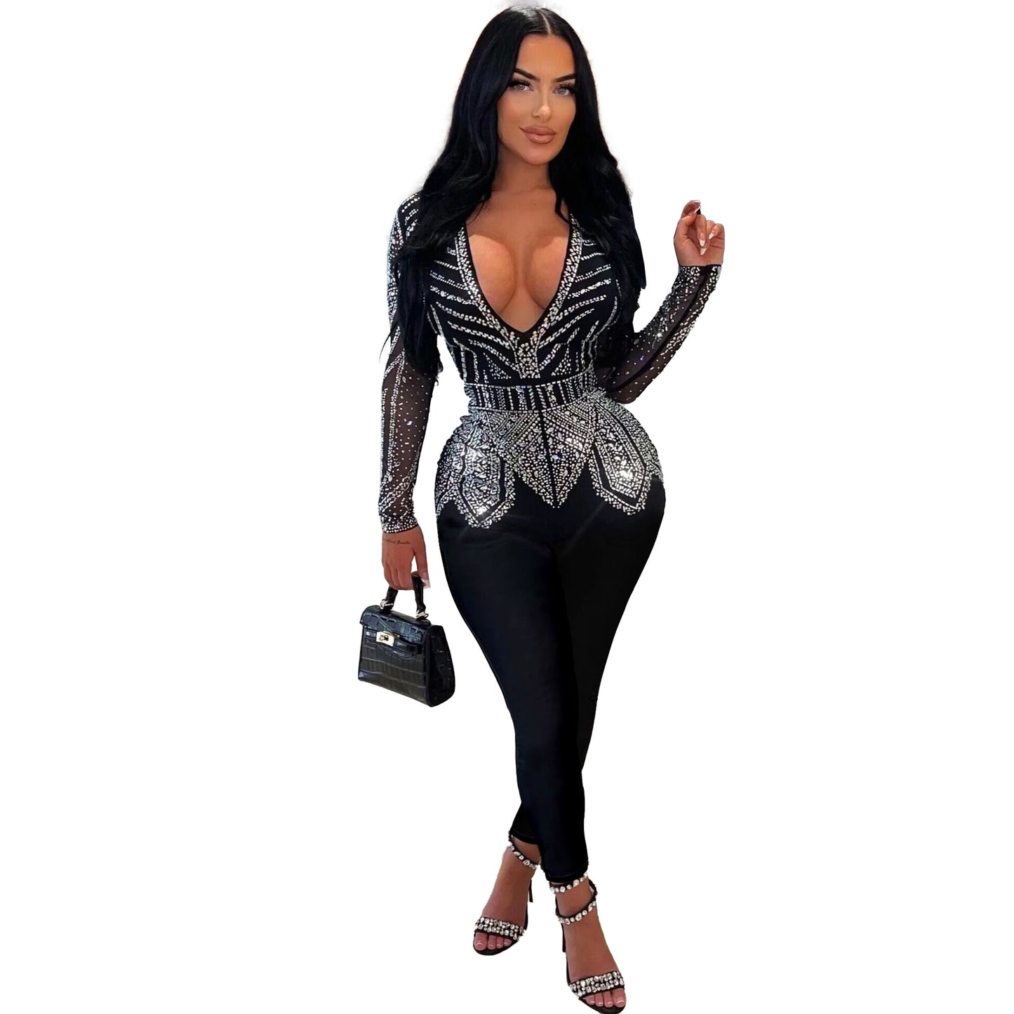 Slim Hip Rhinestone V-neck Stretch Tight Jumpsuit