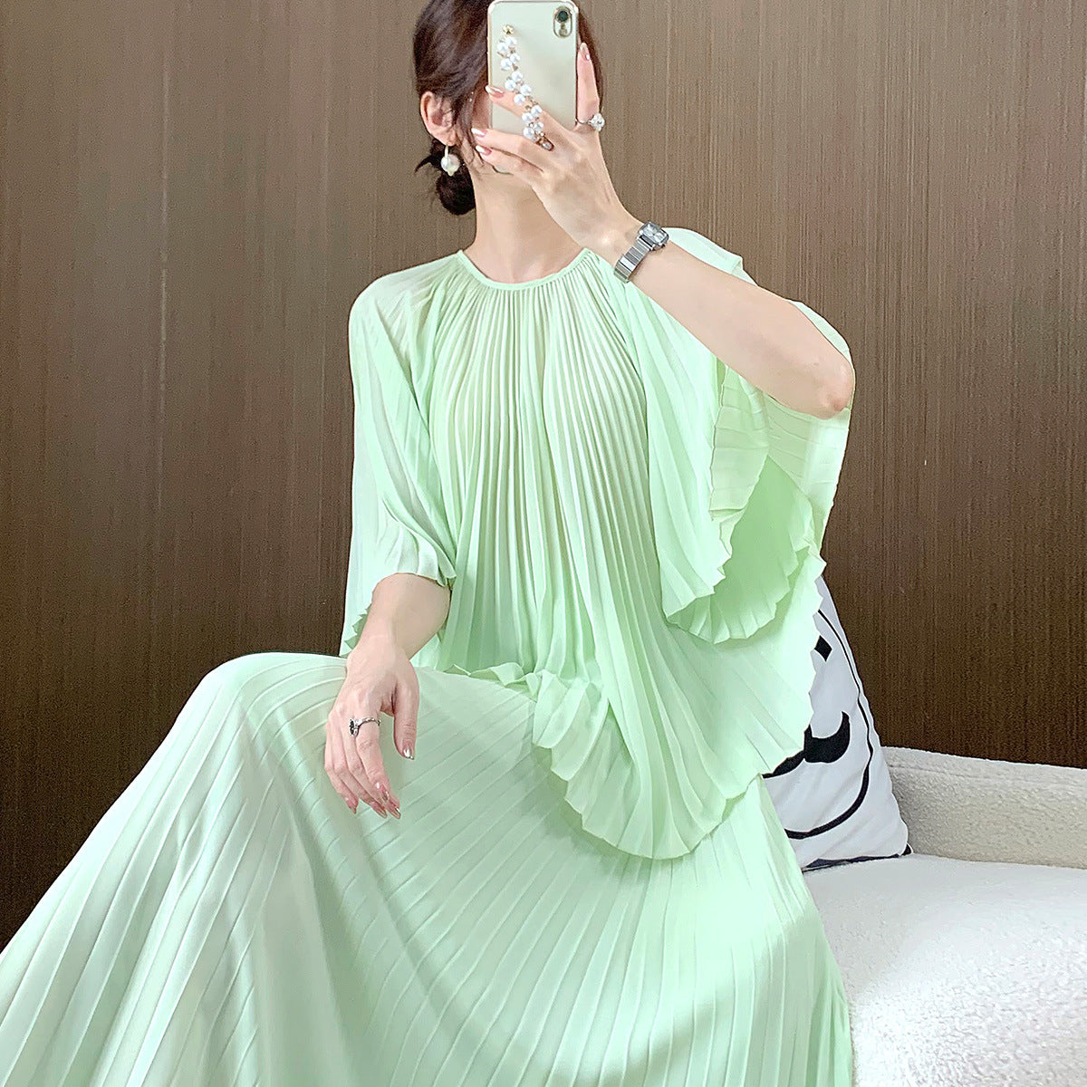 Female Bat Sleeve Pleated Chiffon Shirt