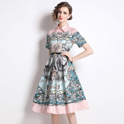 Shirt Collar Waist Three-dimensional Fluffy A- Line Pleated Hem Floral Print Dress