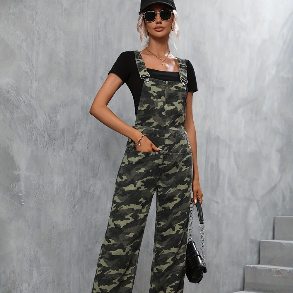 Pantalon à bretelles en Denim, Camouflage de rue, grande poche, jambe droite, pour femmes