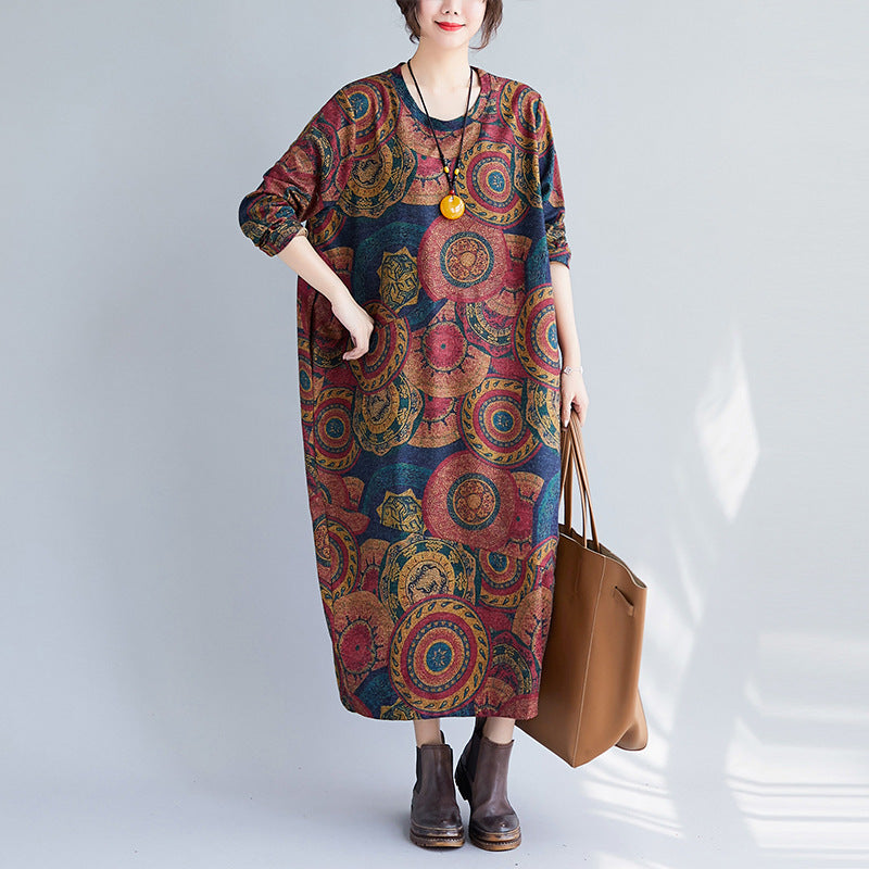 Artistic Retro Printing Loose Oversized Long Sleeves Dress