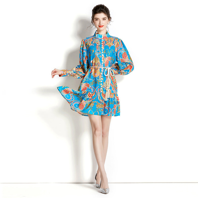 Retro Stand-up Collar Puff Sleeve Pleated Wavy Edge Short Print Dress