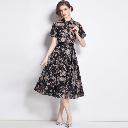 Ink Printing Mid-length Large Swing Dress