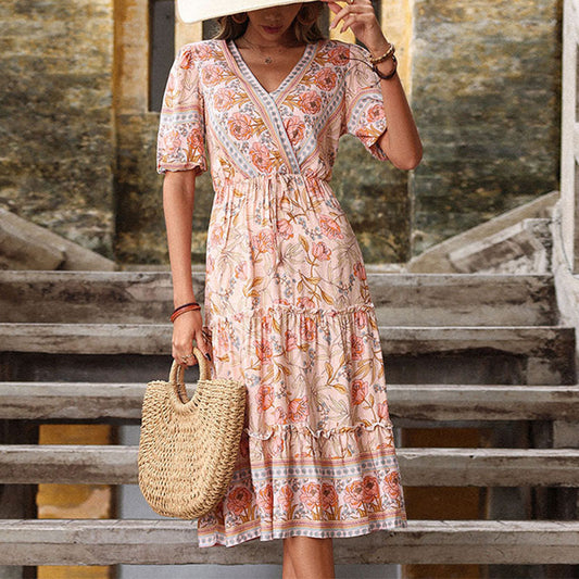 Vestido midi con cuello en V y estampado de orejas de madera retro para mujer