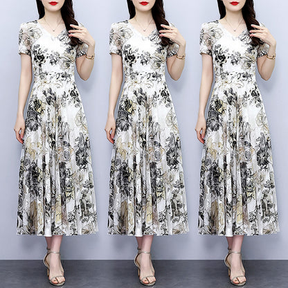 Spring And Autumn Chiffon Cut Flower Dress