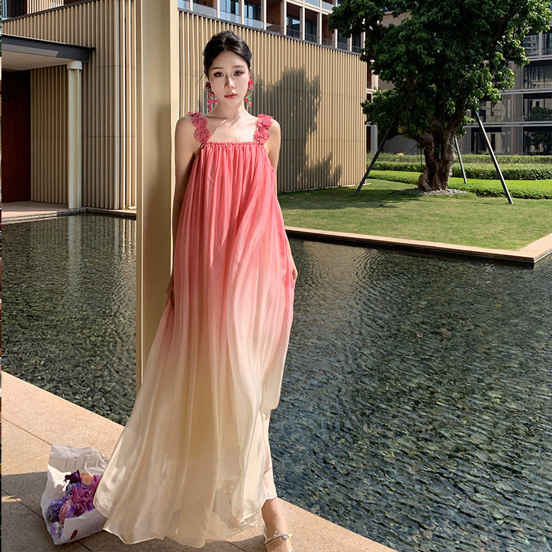 Photography Beach Seaside Gradient Sling Silk Dress