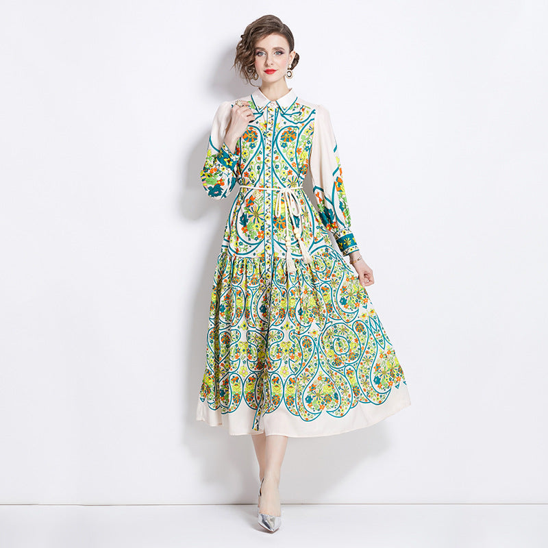 Retro Cotton And Linen Lapel Lantern Sleeve Printing Dress