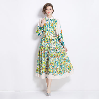 Retro Cotton And Linen Lapel Lantern Sleeve Printing Dress