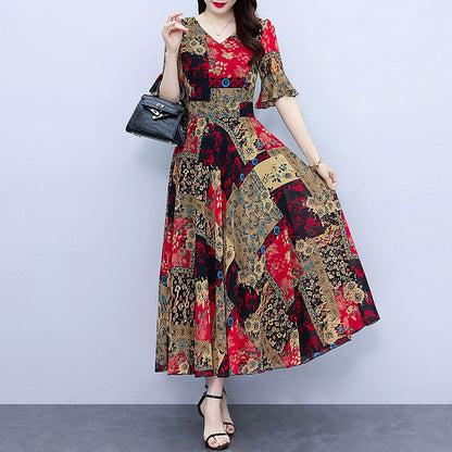 Spring And Autumn Chiffon Floral Dress