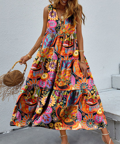 Printed V-neck Patchwork Large Swing Dress