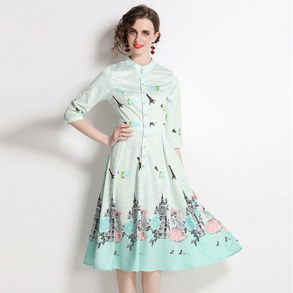 Mid-length Waist Slimming A- Line Skirt Printed Dress