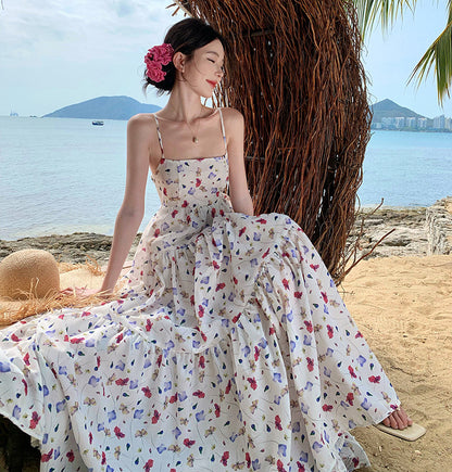 Vacation Style Sweet Floral Printing Ankle-length Dress