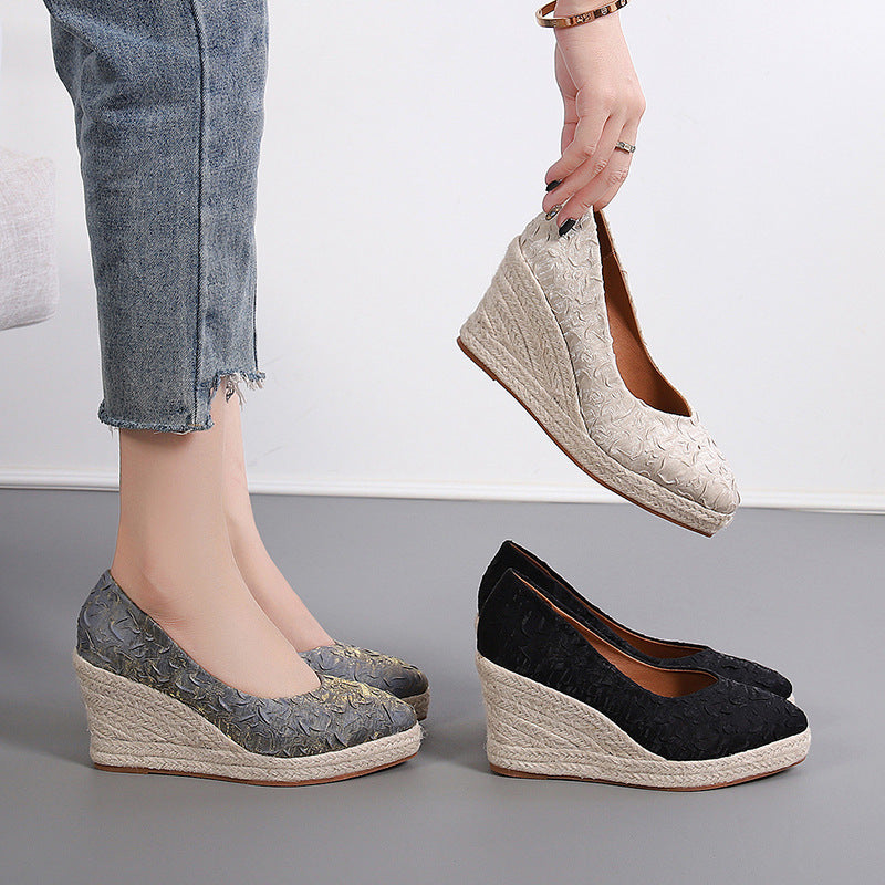 Women's Fashion Pointed-toe Low-cut High Heel Straw Woven Hemp Rope Bottom Shoes