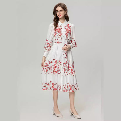 Heavy Industry Beads Printed Flowers On Chest Lace-up Long Sleeve Dress