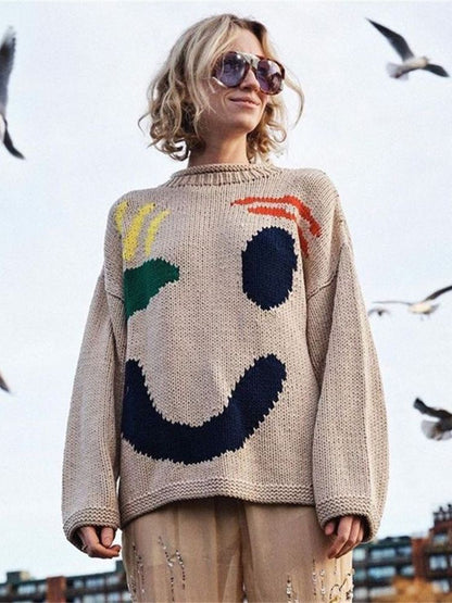 Women's Knitted Cartoon Pattern Pullover Crew Neck Sweater