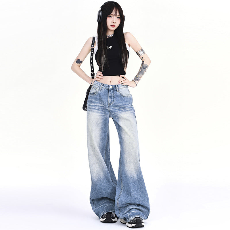 Mopping Loose Worn Looking Washed-out Denim Straight Wide-leg Pants