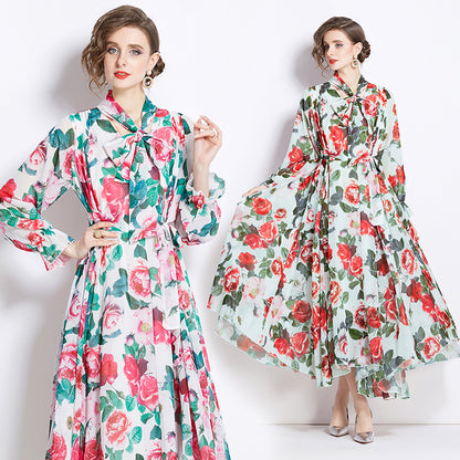 Slimming A- Line Rose Printed Chiffon Dress