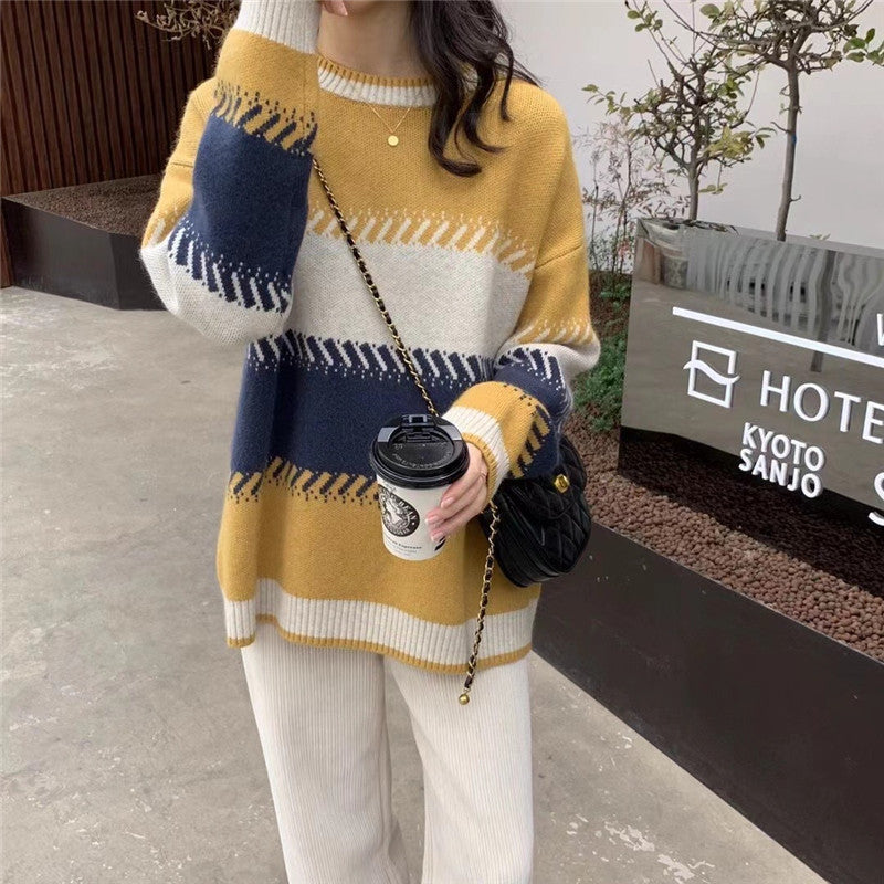 Gentle Style Fashionable Stylish Contrast Color Lazy Sweater Women's