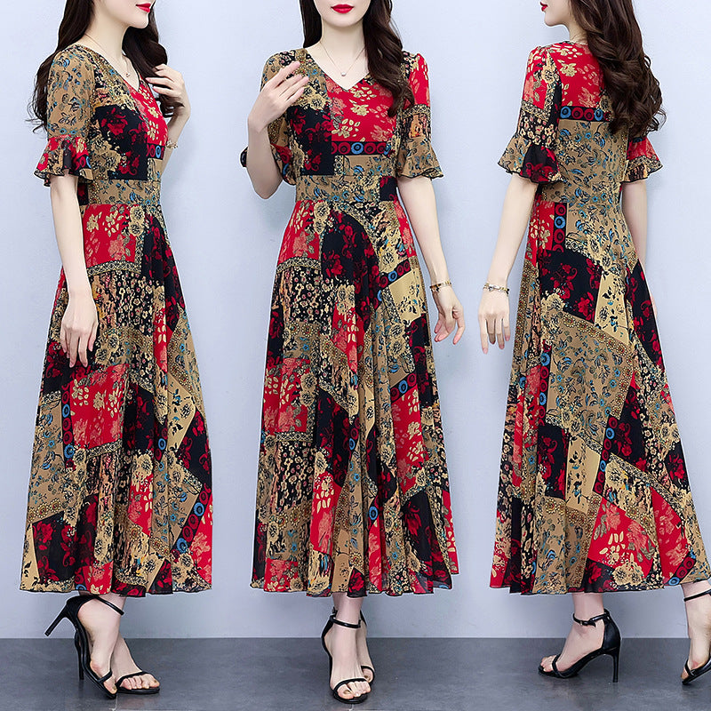 Spring And Autumn Chiffon Floral Dress