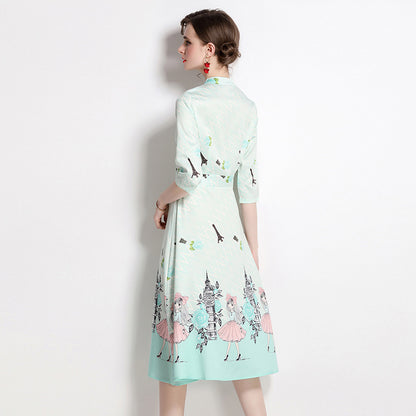 Mid-length Waist Slimming A- Line Skirt Printed Dress